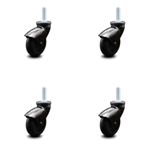 3 Inch Black Hooded Neoprene Rubber 1/2 Inch Threaded Stem Casters SCC, 4PK